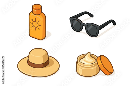 Isometric Sun Protection Essentials Icon Set with Sunscreen Bottle, Stylish Sunglasses, Wide-Brimmed Hat, and Hydrating Cream Jar Vector Cartoon Illustration