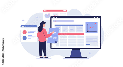 Businesswoman analyzing data on interactive dashboard displaying graphs and charts