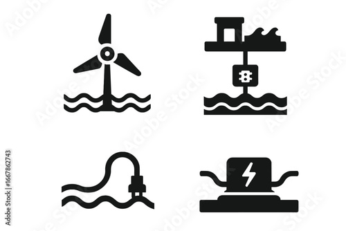 Tidal energy icon set. Wave power generation glyphs. Renewable hydro energy technology symbols. Includes tidal turbine, barrage, underwater cable, and power converter vectors.