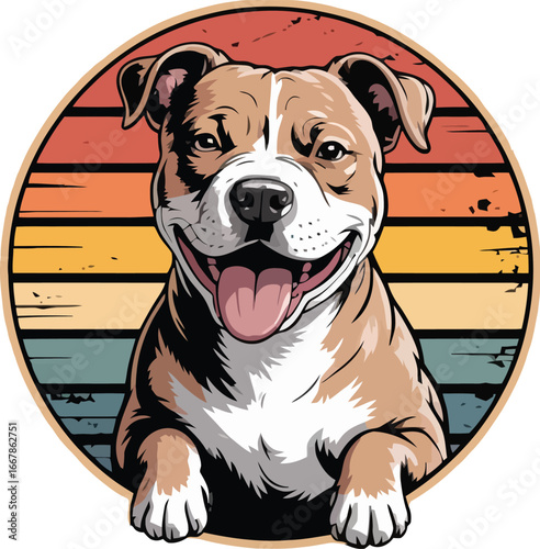 Happy Pitbull Dog with Retro Sunset Background