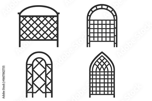 Set of garden trellis and archway silhouettes. Vector icons for landscape design. Collection of garden arbor, pergola, and plant support structures. Classic and gothic patterns.