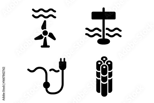 Tidal energy solid icon set. Wave power and ocean electricity generation concept. Vector glyph symbols of underwater turbine, sea generator, plug, and subsea power cable.