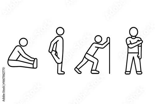 Outline icons of stretching routine exercises at home including hamstring stretch, quad stretch, calf stretch, shoulder stretch, fitness and flexibility workout vector cartoon illustration