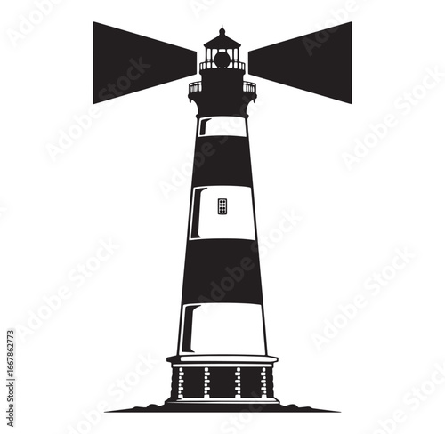 Black and white illustration of a classic lighthouse with shining beams of light