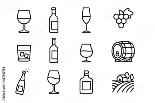 Wine and Spirits Line Icon Set with Glasses, Bottles, Vineyard Symbols, Barrel, and Vineyard Landscape, Vector Cartoon Illustration Transparent Background, Ordered Collection