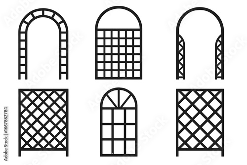 Garden trellis & arch vector icon set. Arbor, pergola, fence panel collection. Landscape design elements. Outdoor structure silhouette for climbing plant support. Gateway.