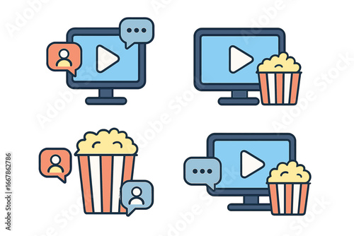 Virtual watch party flat icon set. Concept of online movie night, remote friends co-watching cinema. TV screen, video play button, popcorn and chat bubble vector graphics.