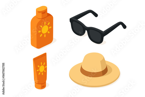 Isometric Flat Icon Set of Sun Protection Essentials Including Sunscreen Bottle, Tube, Black Sunglasses, and Wide-Brimmed Straw Hat for Summer Safety and Skin Care