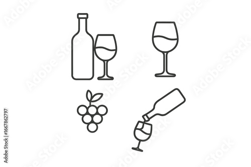 Elegant minimalist wine tasting outline icon set, vector cartoon illustration with wine bottle, glasses, pouring wine, and grape cluster, transparent background, beverage design