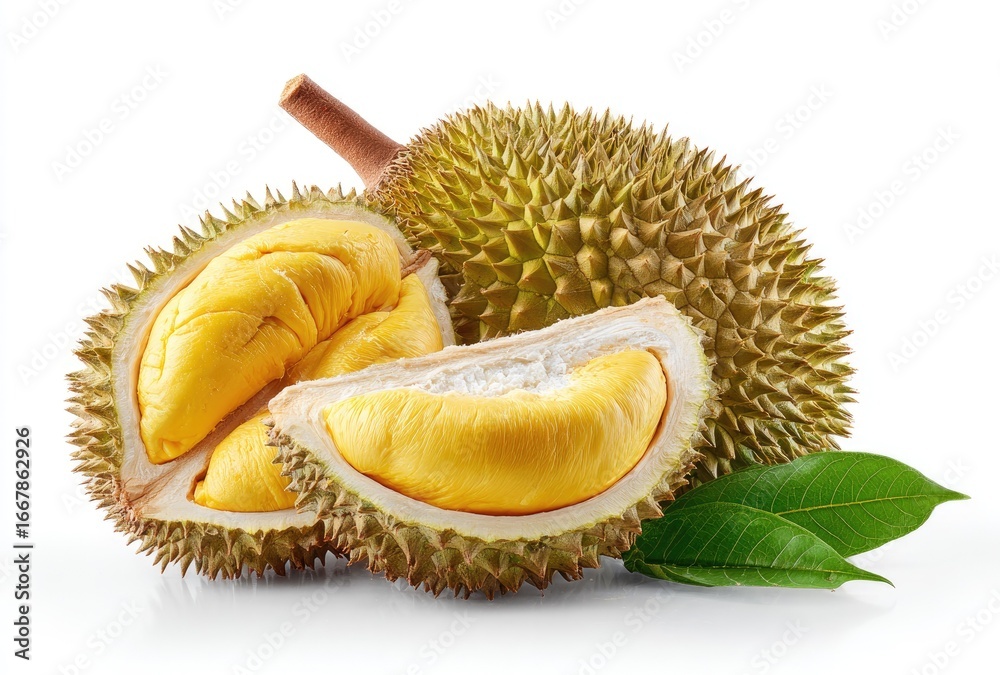 Obraz premium Fresh durian fruit, cut open, with leaves