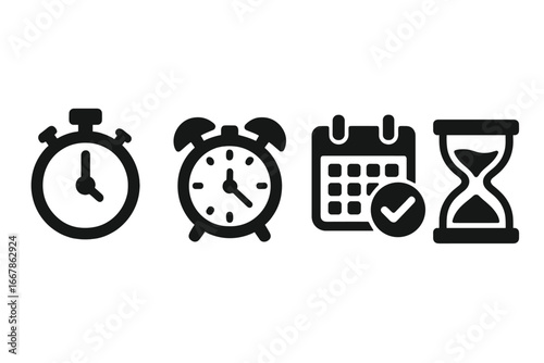 Time Management Icons Solid Black Filled Vector Set with Stopwatch, Alarm Clock, Calendar Reminder, Hourglass - Productivity and Scheduling Symbols