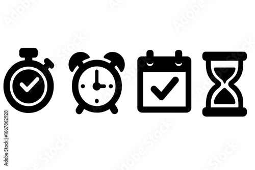 Time management icons set with stopwatch, alarm clock, calendar reminder, hourglass, solid filled vector cartoon illustration for productivity and scheduling concepts