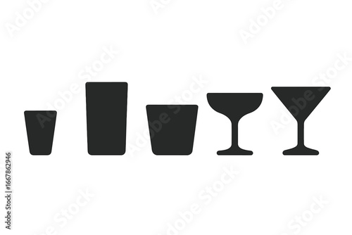 Bar glassware solid icons collection. Vector silhouette set of drink glasses. Shot, highball, tumbler, coupe, martini glass. For alcohol, cocktail, party, menu design element.