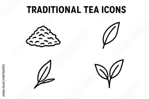 Traditional Tea Icons Vector Set, Outline Style with Loose Leaf Pile, Green Tea Leaves, Black Tea Leaves, Oolong Tea Leaves, Authentic Natural Herbal Tea Symbols