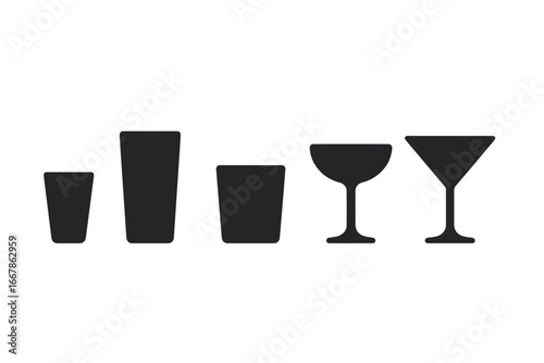 Vodka glassware solid icon set. Black silhouette collection of barware: shot glass, highball, tumbler, coupe, martini. Vector graphic asset for alcohol, cocktail, beverage menu.