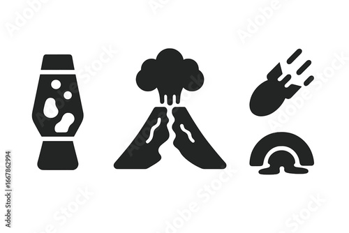 Volcanic activity icon set. Solid glyph vector icons of volcano eruption, lava flow, volcanic bomb, and lava lamp. Geology, magma, smoke plume, and nature disaster concept.