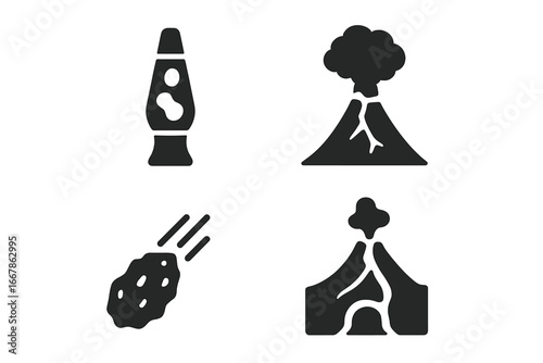 Volcanic activity solid icon set. Features volcano eruption, smoke plume, volcanic bomb, magma, and lava tube. Geology science symbols. Includes meteor and retro lava lamp.