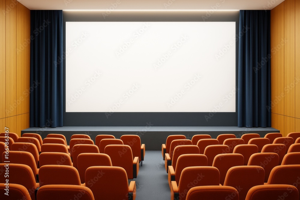 Fototapeta premium Empty modern cinema room with red seats and blank screen in contemporary interior with wooden walls and curtains, perfect for branding mockup.