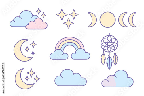 Dreamy night sky icon set with celestial elements. Vector collection of cute pastel clouds, glitter stars, moon phases, rainbow, and dream catcher for magic sweet dreams.