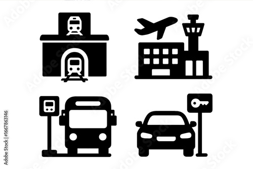 Urban Mobility Icons Grid, Solid Filled Vector Set of Transportation Hubs Including Train Station, Airport Terminal, Bus Stop, Car Rental Service, Vector Illustration