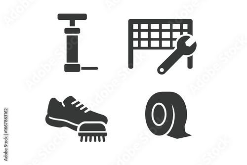 Volleyball gear maintenance icons. Solid glyph collection of sports equipment care. Vector symbols for ball pump, net repair, shoe cleaning, and athletic tape for game day prep.