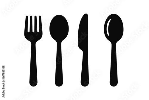 Solid filled utensil icon set grid with eating and serving utensils including salad fork, soup spoon, steak knife, serving spoon, kitchen tools vector cartoon illustration