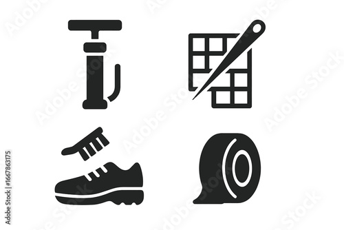 Volleyball gear maintenance solid icons. Vector icon set for sports equipment care. Includes ball air pump, net repair, shoe cleaning brush, and athletic sports injury tape.
