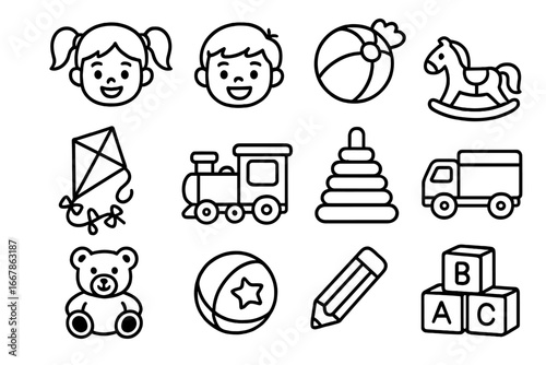 Kids toys outline icon set. Playful fun symbols for children's activities. Vector line art pictogram collection for kindergarten, preschool. Train, ball, rocking horse, blocks.