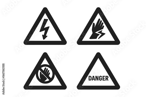 Set of high voltage warning signs. Danger of electric shock vector icons. Do not touch symbol and electrical hazard caution pictogram. Electricity safety warning labels collection.