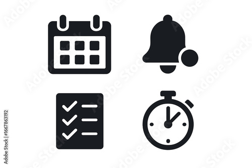 Time management vector icon set. Solid glyph pictograms for business productivity. Calendar schedule, reminder bell, task checklist, and stopwatch for planning and deadlines.