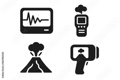 Volcanic monitoring icons set, solid filled vector symbols of seismic activity, gas analyzer, thermal imaging camera and erupting volcano, volcanic eruption tools illustration