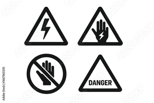 High voltage warning signs icon set. Electric shock hazard symbol. Danger electricity icons. Do not touch safety pictogram. Electrical power risk vector illustration.