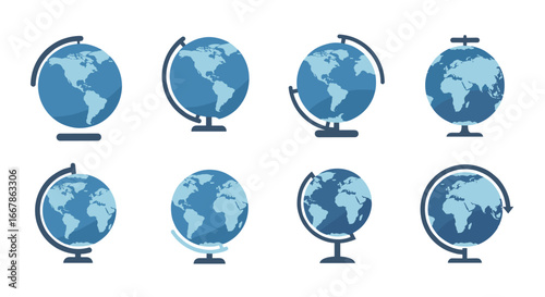 Collection of blue globes: various angles and stand designs
