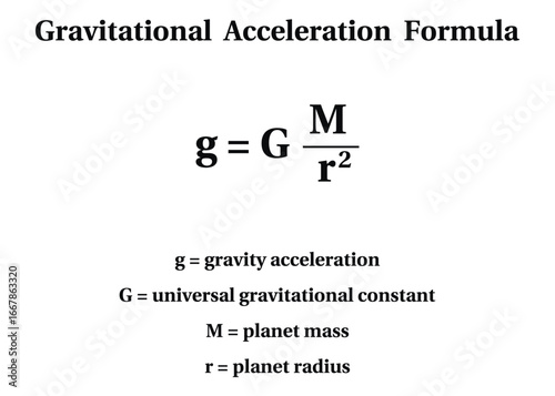 Gravitational Acceleration Formula on the white background. Education. Science. School. Vector illustration.