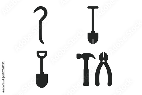 Tool icon set for construction and repair. Solid black silhouette symbols of crowbar, shovel, spade, hammer, and pliers. Vector graphic elements for work and maintenance.