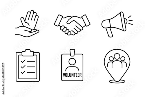 Volunteer icons set. Charity and donation outline symbols. Vector collection of helping hand, handshake, community, support, social work, and teamwork signs for web and apps.