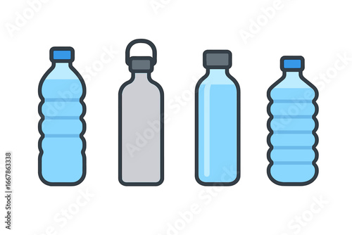 Water Bottle Icons Flat Vector Set of Various Water Bottles Including Plastic, Stainless Steel, Glass, and Collapsible Designs Cartoon Illustrations for Hydration and Outdoor Use