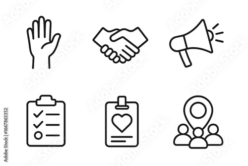 Volunteer work and charity line icons set. Community support, social services, and donation concept. Vector symbols of helping hand, handshake, megaphone, and teamwork.