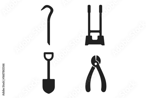 Tool icon set of 4 solid glyphs. Construction, maintenance and repair equipment. Crowbar, stake puller, shovel and wire cutter silhouettes. Vector work tools collection.