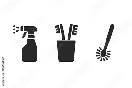 Toothbrush holder cleaning icon set. Dental hygiene and bathroom maintenance concept. Includes spray bottle and cleaning brush glyphs. Solid vector symbols for sanitation.