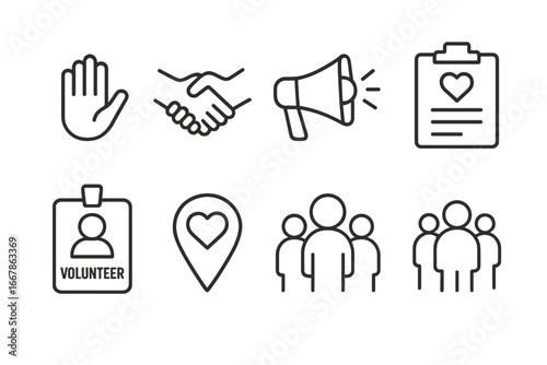 Volunteer icon set for charity and donation. Outline symbols for social work, community help, and support. Vector collection with handshake, megaphone, clipboard, and group.