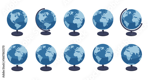 Collection of rotating blue globes on stands showcasing earth's geography