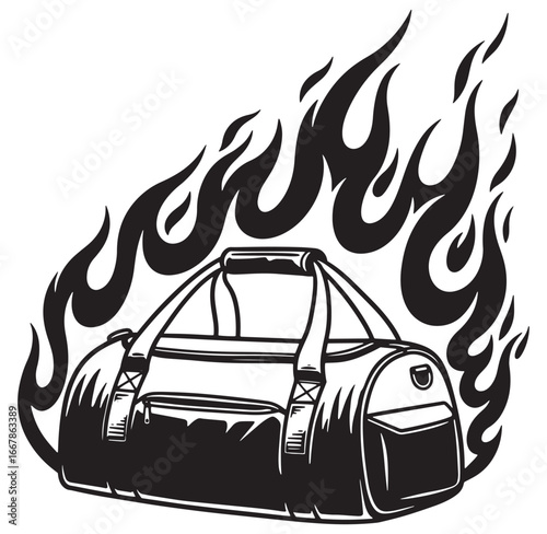 Black and white illustration of a duffel bag surrounded by stylized flames for design
