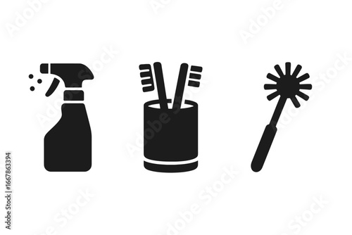 Solid icon set for cleaning toothbrush holders. Includes spray bottle for disinfection and a brush. Vector symbols for bathroom hygiene, dental care, and oral health concepts.