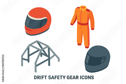 Drift safety gear vector icon set. Isometric illustration of racing equipment. Fire resistant suit, helmet, roll cage for car. Motorsport protection concept for competition.