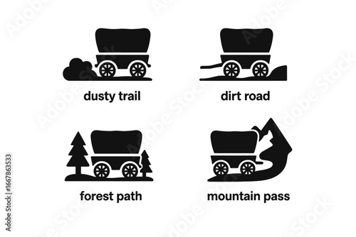 Covered wagon solid icon set. Pioneer transportation vector. Old west travel on dusty trail, dirt road, forest path, mountain pass. Adventure journey exploration glyph pictogram.