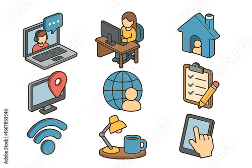 Remote work isometric icons set – digital telecommuting office symbols, home office workspace, internet connection, online communication, technology vector cartoon illustration, transparent background