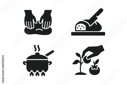 Food preparation black glyph icon set. Traditional cooking concept vector illustration. Kneading dough, slicing bread, boiling pot, harvesting fresh organic tomato from plant.