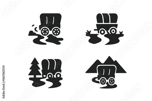 Solid glyph icon set of a pioneer wagon journey. Old West covered wagon traveling on a dusty trail, dirt road, forest path, and mountain pass. Adventure, exploration vector.