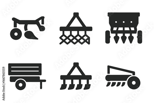 Agriculture machinery solid glyph icon set. Tractor equipment for farming, tillage and harvesting. Includes plow, harrow, seed drill, cultivator, mower and trailer icons.